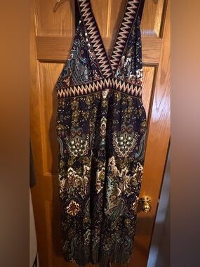 SHEIN Curve Navy Paisley Maxi Dress with Teal & Rust Accents